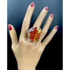 VTG JT Signed Rhinestone Cocktail Silvertone Ring Massive Heart Topaz&Clear Ring